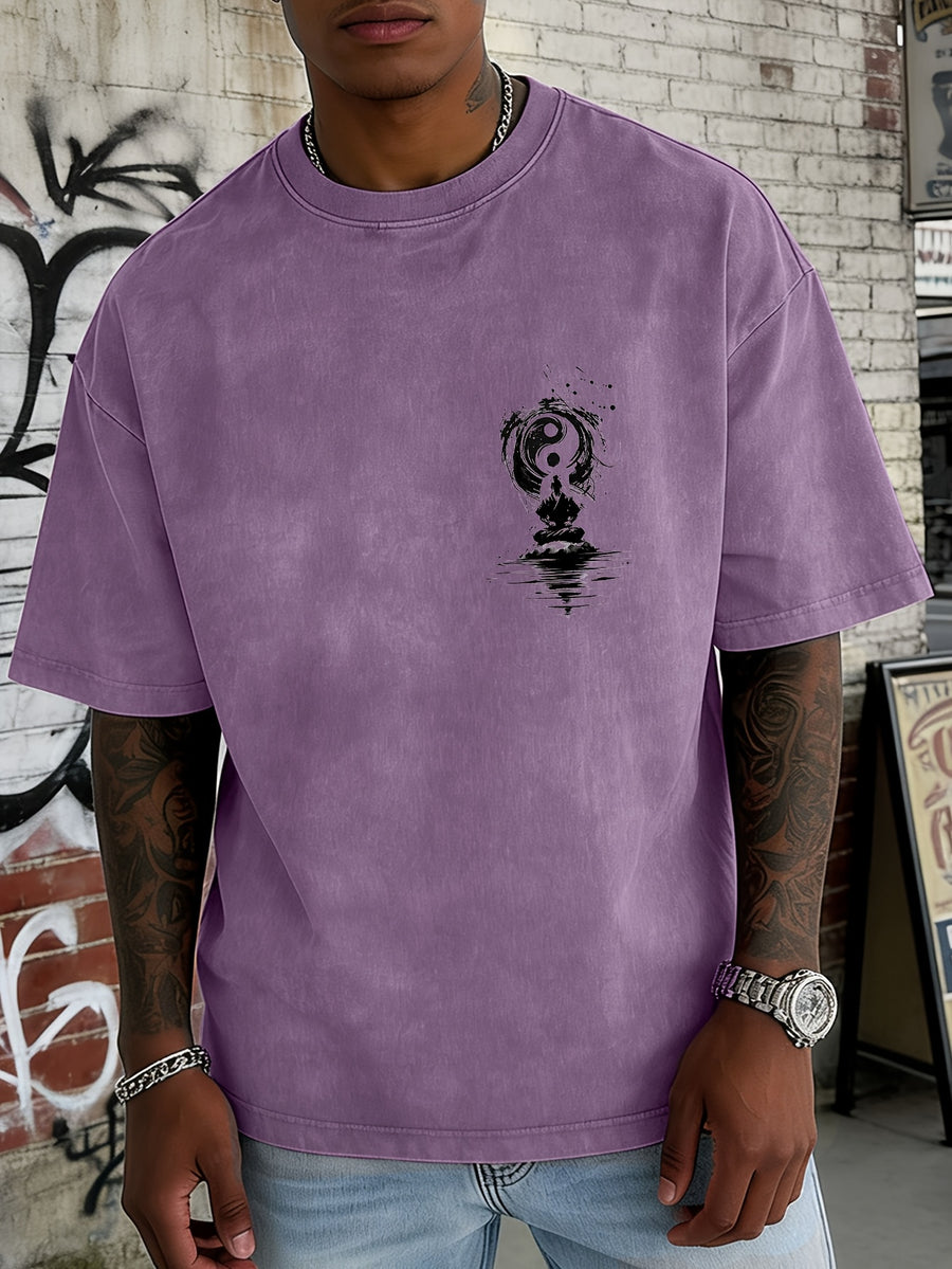 Washed and Distressed Pure Cotton Short-sleeve T-shirt with Trendy Double-sided Print Featuring Tai Chi, Zen, and Meditating Ink Wash Art. Available in 12 Colors for Mix-and-match Styling. Loose-fit Men's Top in High Street Y2K Style - Purple