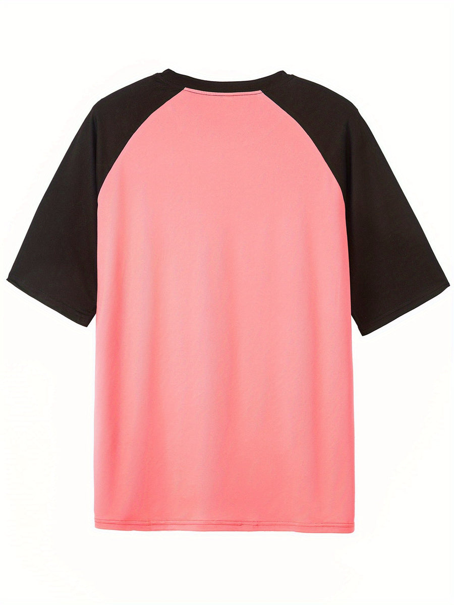Women'S Color-Block Raglan Sleeve NY Letter Print Pullover Short-Sleeved T-Shirt Summer Design Sense Fashionable Foreign Style Loose Top - Pink