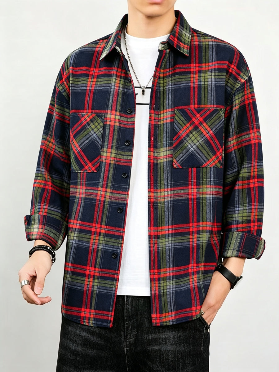 Men'S Casual Plaid Long Sleeve Shirt, Lapel Button-Up Shirt, Double Pocket Design, Classic Checkered Pattern, Twill Fabric, Comfortable And Breathable, Suitable for Spring And Autumn, Casual Outing, Men'S Dress Shirt, Men'S Shirt, Casual Business - Blue-violet