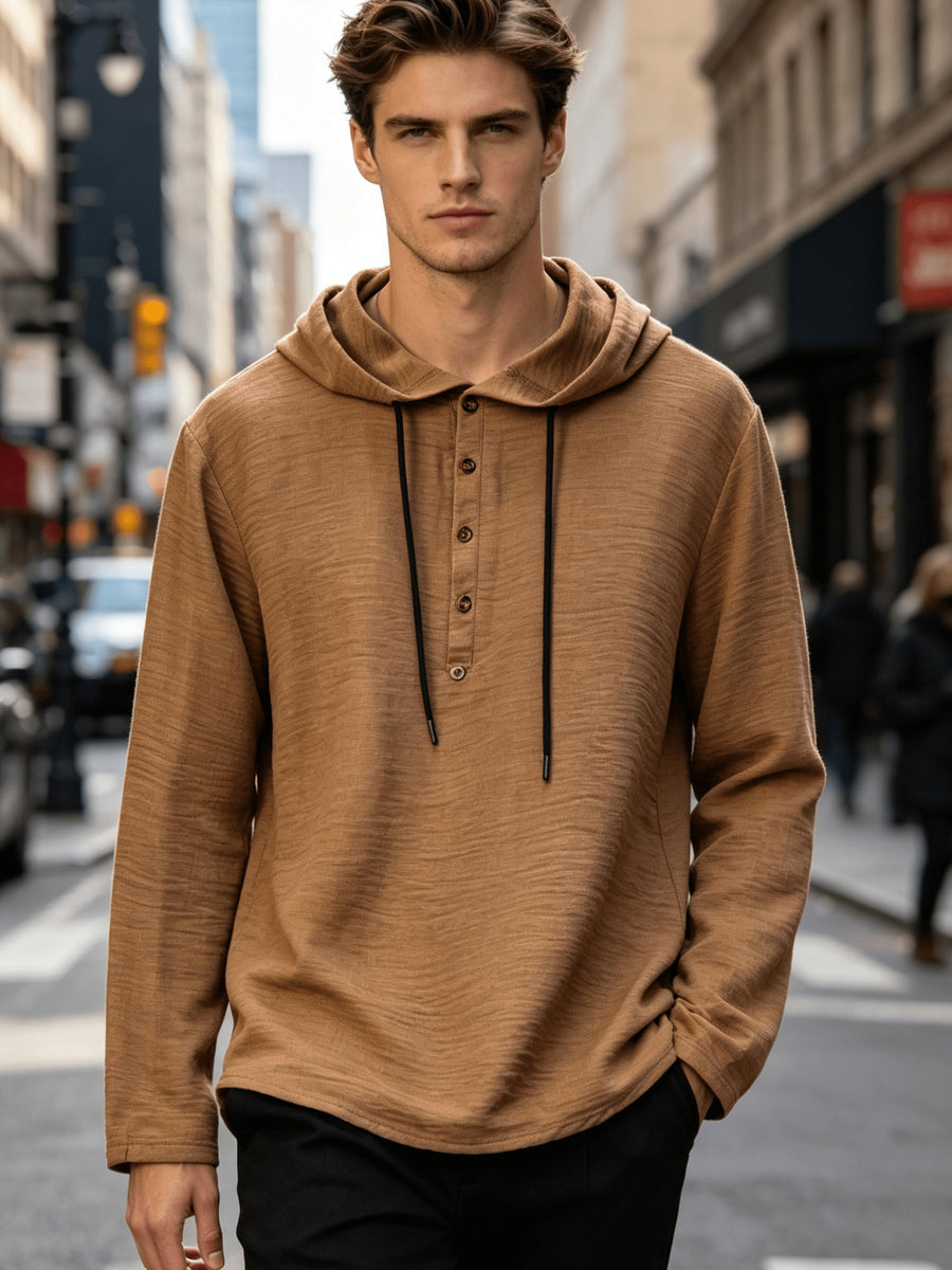 Men'S Breathable Hooded Long Sleeve Beach Henley Base Shirt - Linen