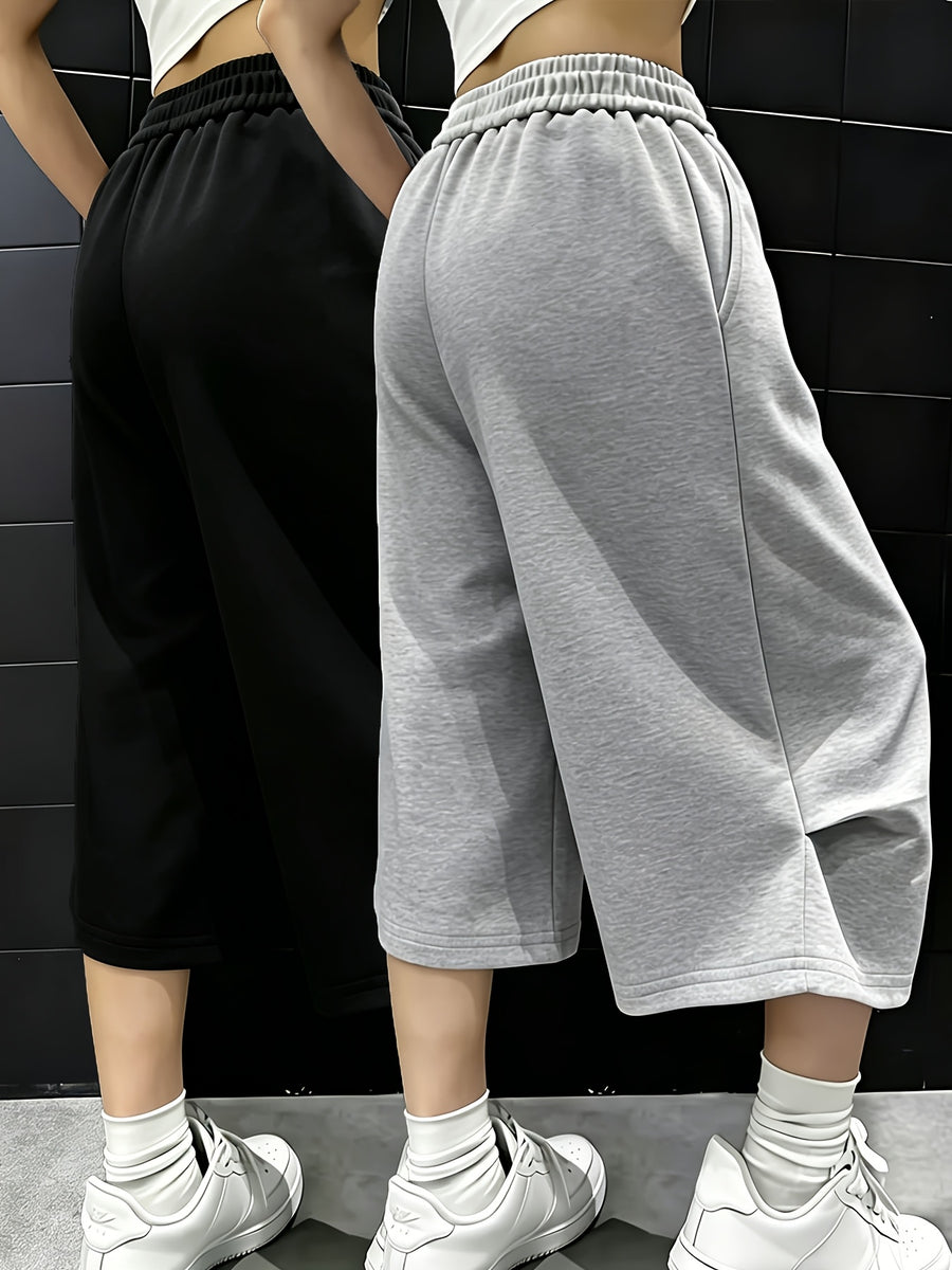 2pcs Solid Color Loose Fit Casual Capri Pants Set, 2pcs Casual Sweatpants Set - Black+gray