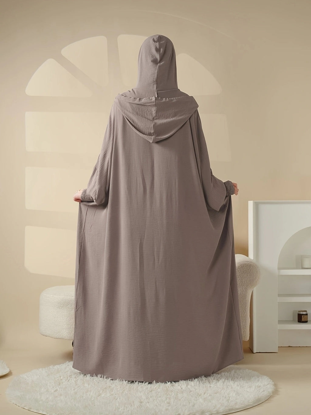 Women's Solid Color Loose Fit Muslim Batwing Sleeve Fringe Drawstring Hooded Hoodie for Daily Wear Islamic Clothing Prayer Abaya Gown - Pale Pinkish Gray