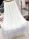 High-Waist Mesh Skirt, New Style Beaded Pleated A-Line Skirt, Solid Color Mesh - White