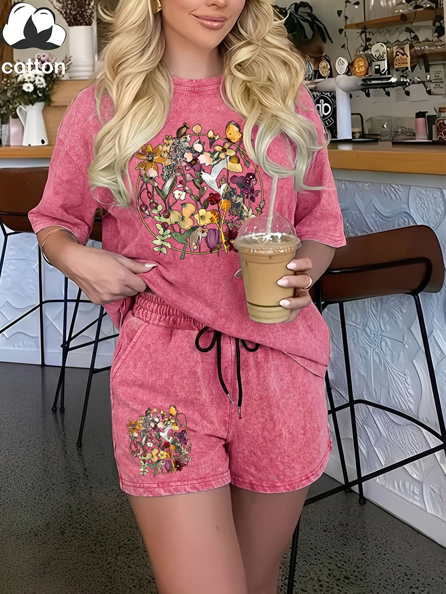 Summer Trendy Fashion Distressed Wash Short Sleeve Shorts Drawstring Women'S Set, Round Floral Bouquet Print, Vintage Dried Flower Style, Mori Literary Style, French Pastoral Style, Comfortable for Hot Weather, Classic Silhouette, Comfortable Fit - Red