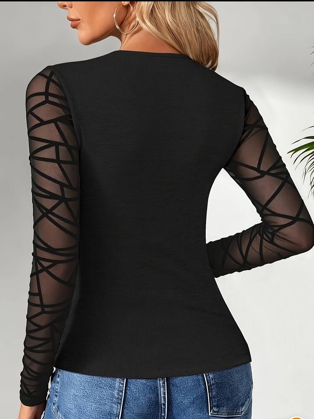 Spring/Autumn Square Neck Lace Sheer Long Sleeve Patchwork Design Ribbed High-Stretch Top, Suitable for Layering, Casual Spring/Autumn Outfit JYDX - Black