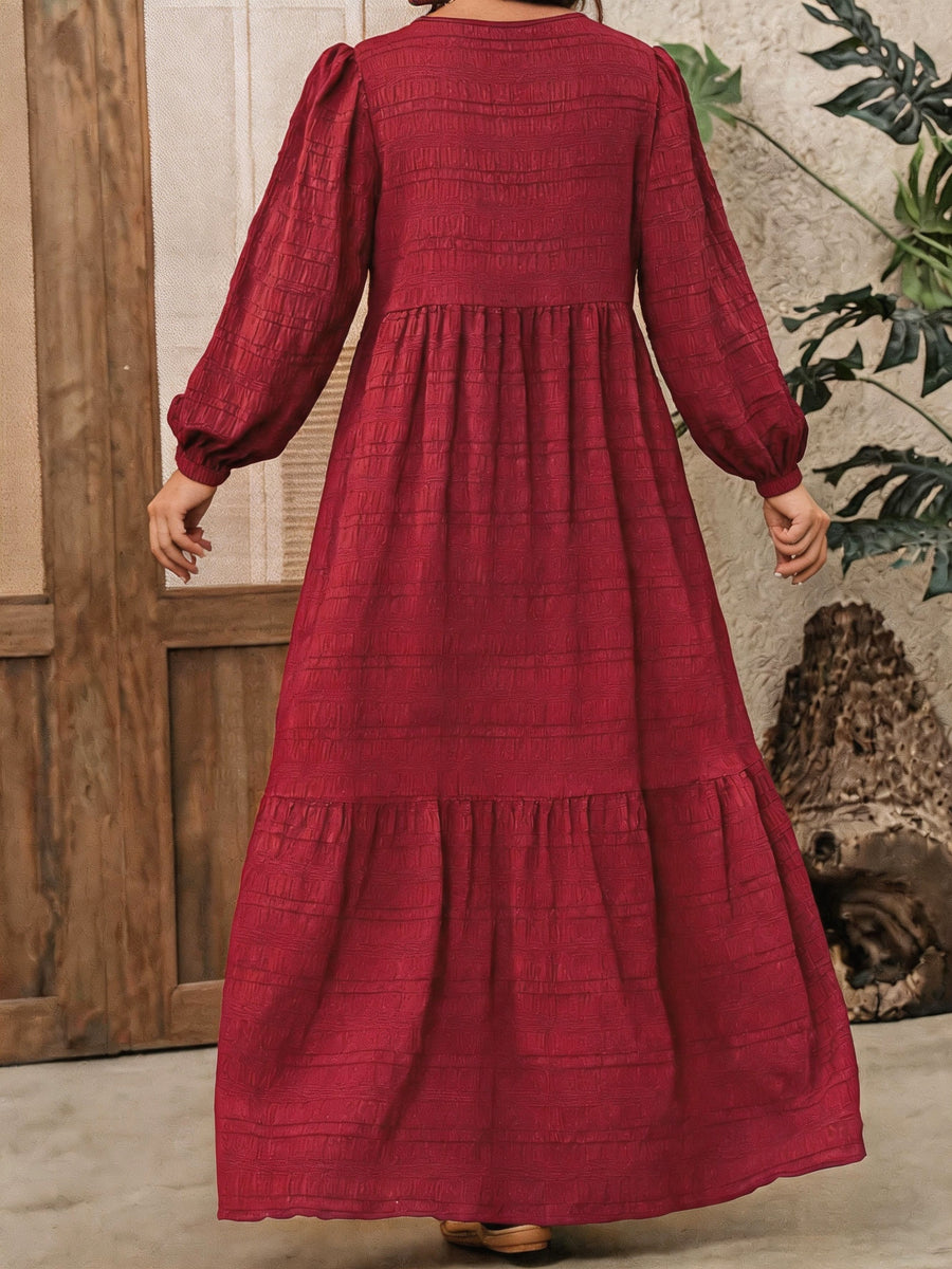 Plus Size, Plus Size Women's Solid Color Textured Long Sleeve Maxi Dress, V-Neck Puff Sleeve Waist-Cinching Layered Cake Dress, Loose Vacation Dress, Elegant Dress for Spring/Autumn/Winter - Burgundy