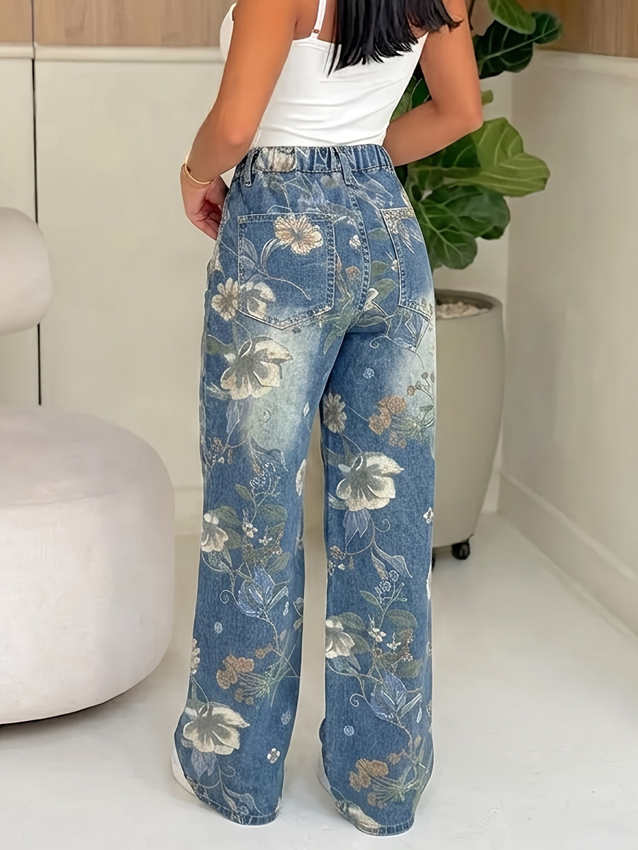 Women'S Wide-Leg Straight Jeans, Wide Cuffed Elastic Waist, Printed Washed Blue Denim, New Arrival, 2 Styles Available: Office And Casual, Fashionable And Versatile - Blue