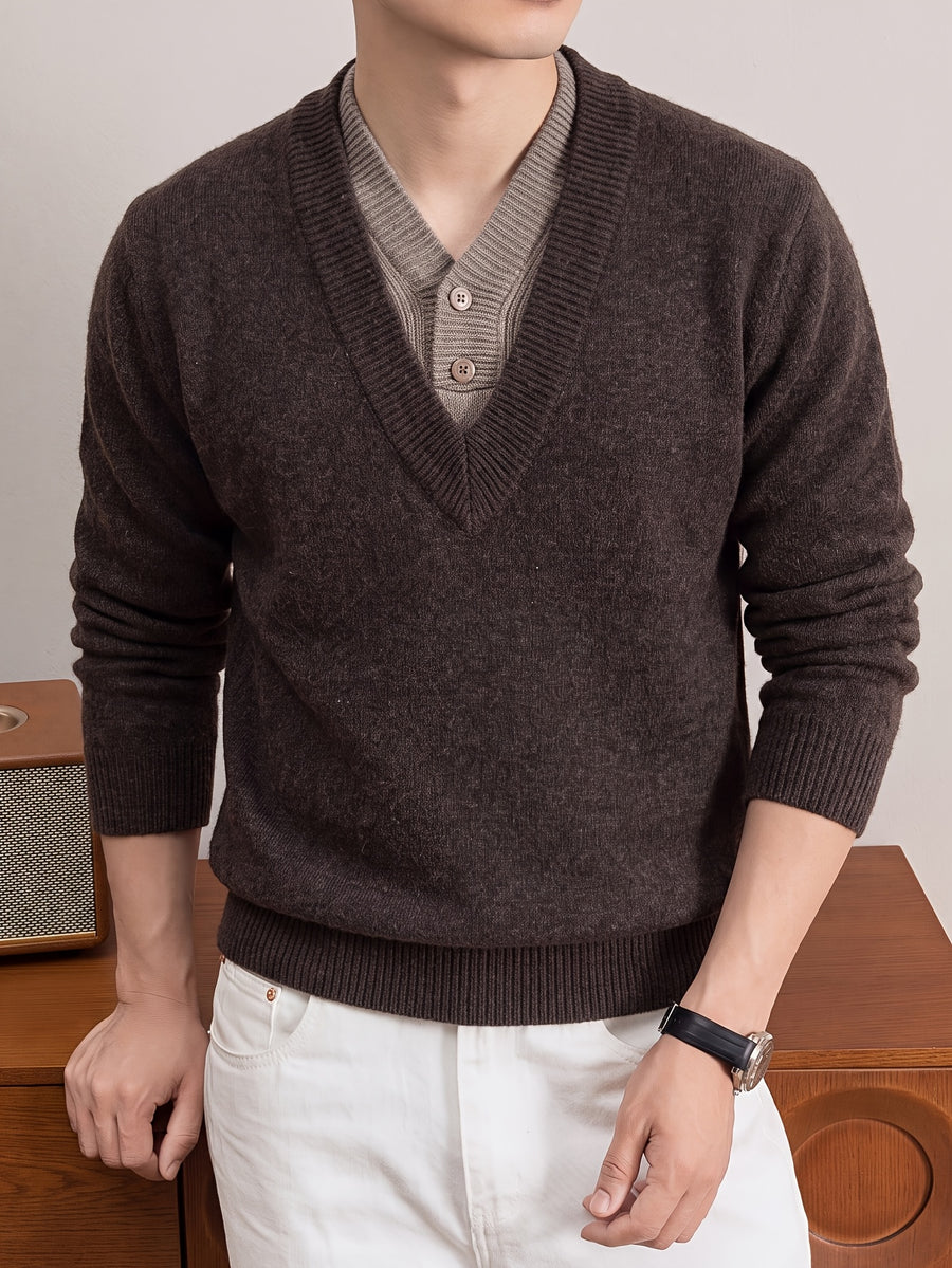 Autumn/Winter Thickened V-Neck Sweater, Men's Warm Casual Knit Top, Suitable for Daily Commuting and Business - Coffee Color