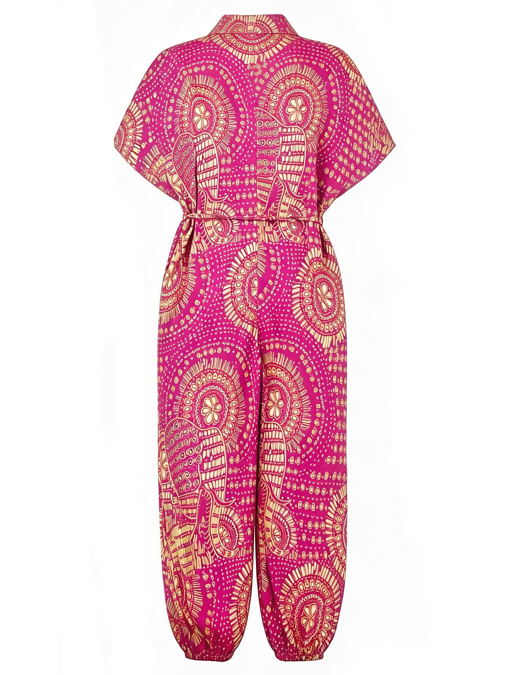 Women's Printed Jumpsuit with Drawstring Waist Ties to Perfectly Define Body Curves, Bell-Bottom Legs to Slim and Flatter Leg Shapes, and Stylish – Suitable for Adults, Casual Summer Jumpsuit, Summer Casual Wear, Vibrant Printed Jumpsuit - Rose Red