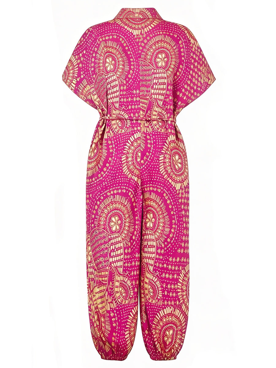 Women's Printed Jumpsuit with Drawstring Waist Ties to Perfectly Define Body Curves, Bell-Bottom Legs to Slim and Flatter Leg Shapes, and Stylish – Suitable for Adults, Casual Summer Jumpsuit, Summer Casual Wear, Vibrant Printed Jumpsuit - Rose Red