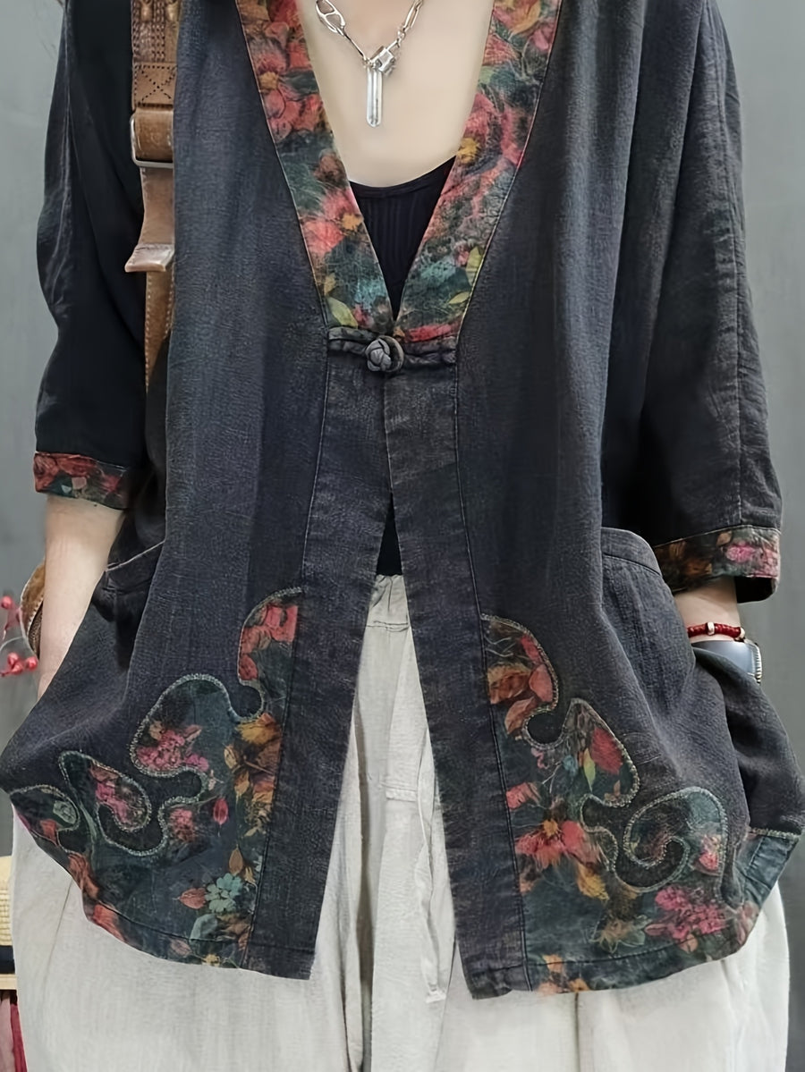 2026 New Spring/Summer Commuter Retro Chinese Style Frog Button Seven-Quarter Sleeve Literary Print Shirt Loose V-Neck Top Cardigan Women - Navy Color