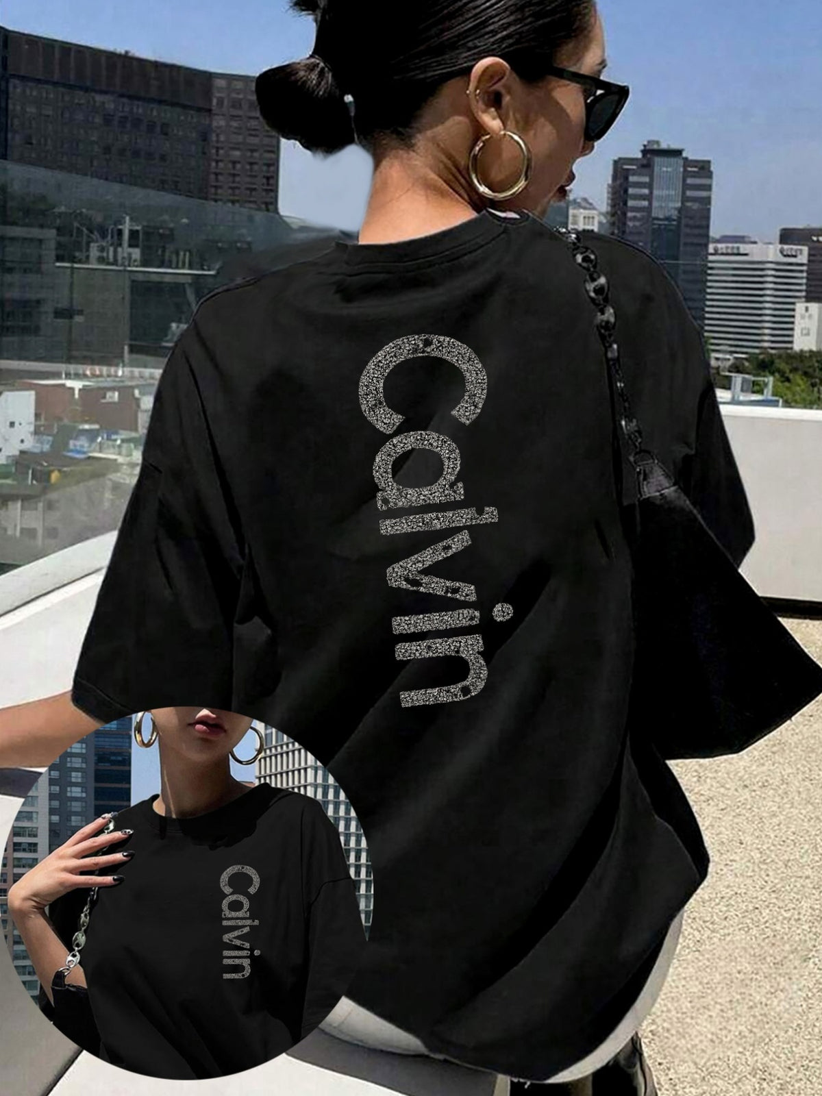 Symmetrical Printed Short Sleeves, Cosmic Galaxy, Space Theme Pattern Women's Single Piece Trendy Casual Tshirt, Shortsleeved Round Neck Casual Top, Summer and Spring, Women's Clothing - Black
