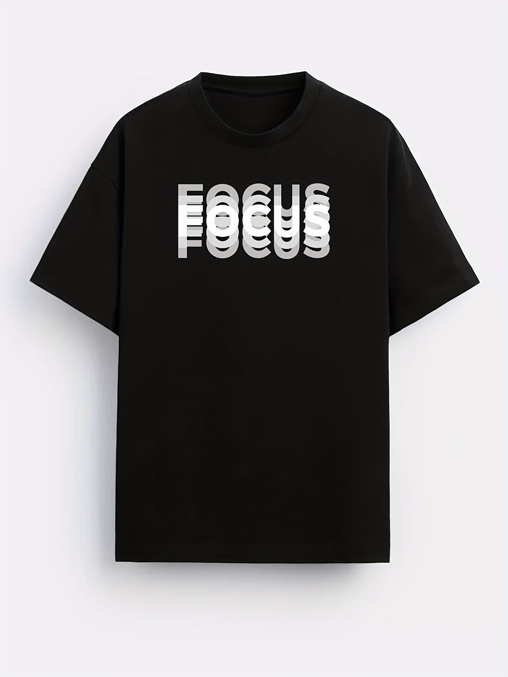 Unisex Trendy Letter Print Crew Neck T-Shirt, A Must-Have for Style Enthusiasts! Gradient FOCUS Design, Ultra Stylish & Streetwear-Inspired! Minimalist yet Versatile! - Black