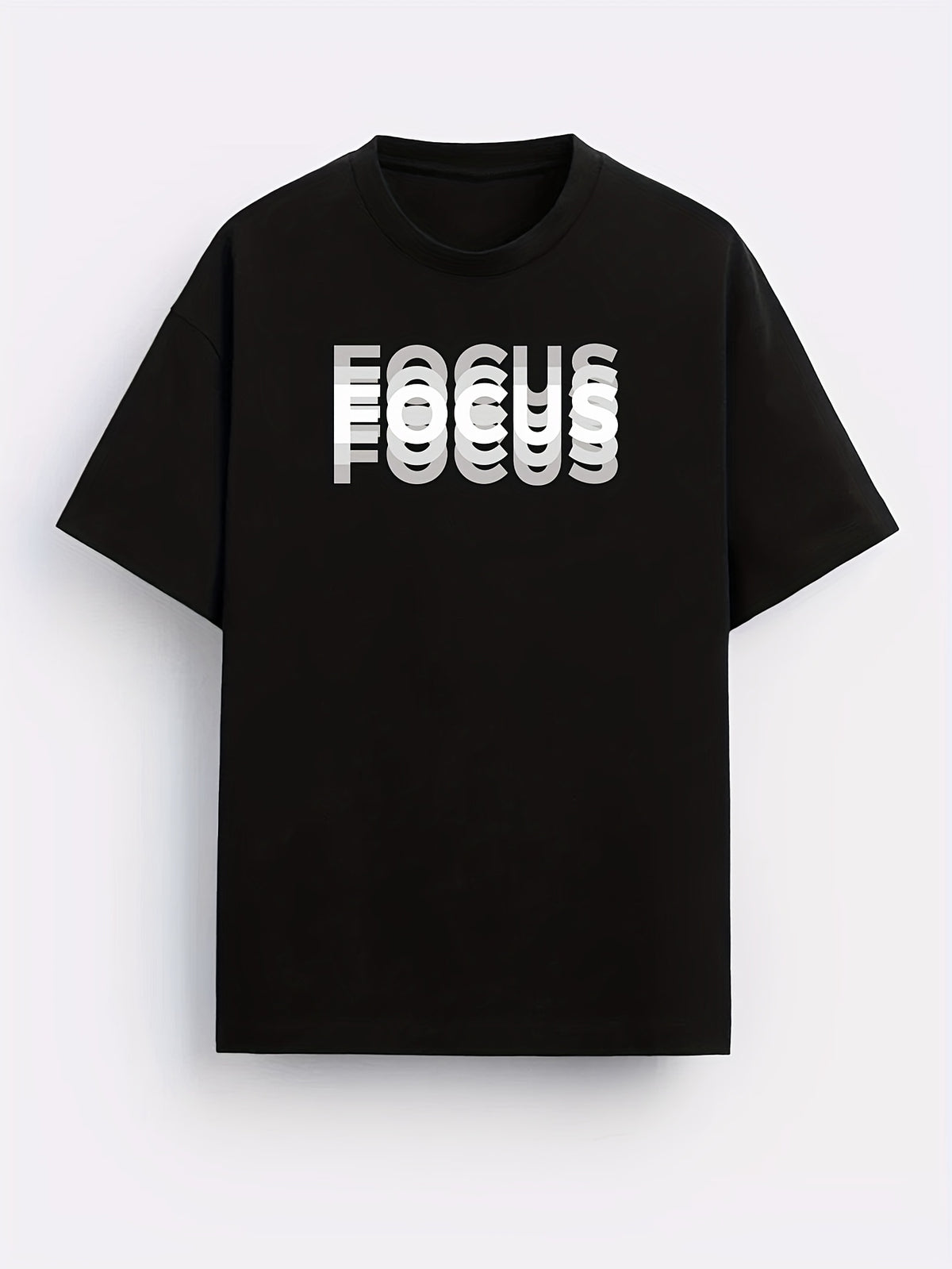 Unisex Trendy Letter Print Crew Neck T-Shirt, A Must-Have for Style Enthusiasts! Gradient FOCUS Design, Ultra Stylish & Streetwear-Inspired! Minimalist yet Versatile! - Black