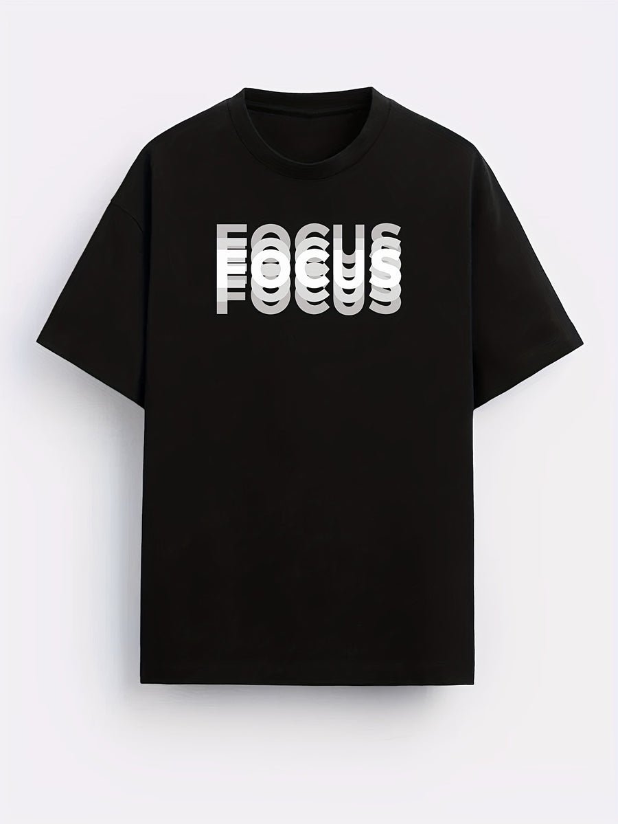 Unisex Trendy Letter Print Crew Neck T-Shirt, A Must-Have for Style Enthusiasts! Gradient FOCUS Design, Ultra Stylish & Streetwear-Inspired! Minimalist yet Versatile! - Black