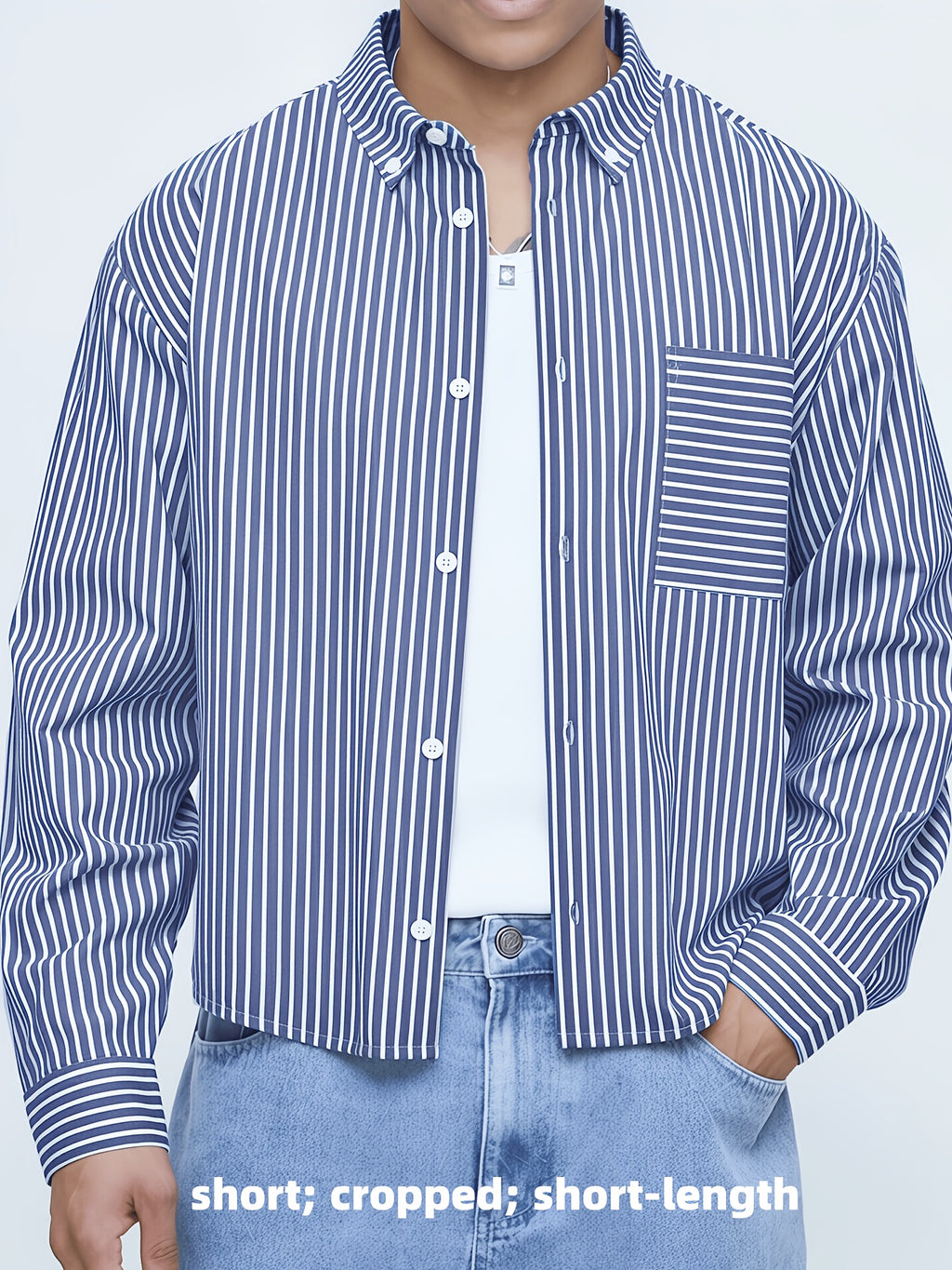Men's Short Striped Casual Long-Sleeve Button- Shirt with Lapel, Suitable for Spring/Autumn Outings, Vacations, and Daily Wear, Men's Fashion Apparel - Navy Color