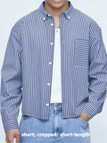 Men's Short Striped Casual Long-Sleeve Button- Shirt with Lapel, Suitable for Spring/Autumn Outings, Vacations, and Daily Wear, Men's Fashion Apparel - Navy Color