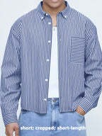 Men's Short Striped Casual Long-Sleeve Button- Shirt with Lapel, Suitable for Spring/Autumn Outings, Vacations, and Daily Wear, Men's Fashion Apparel - Navy Color