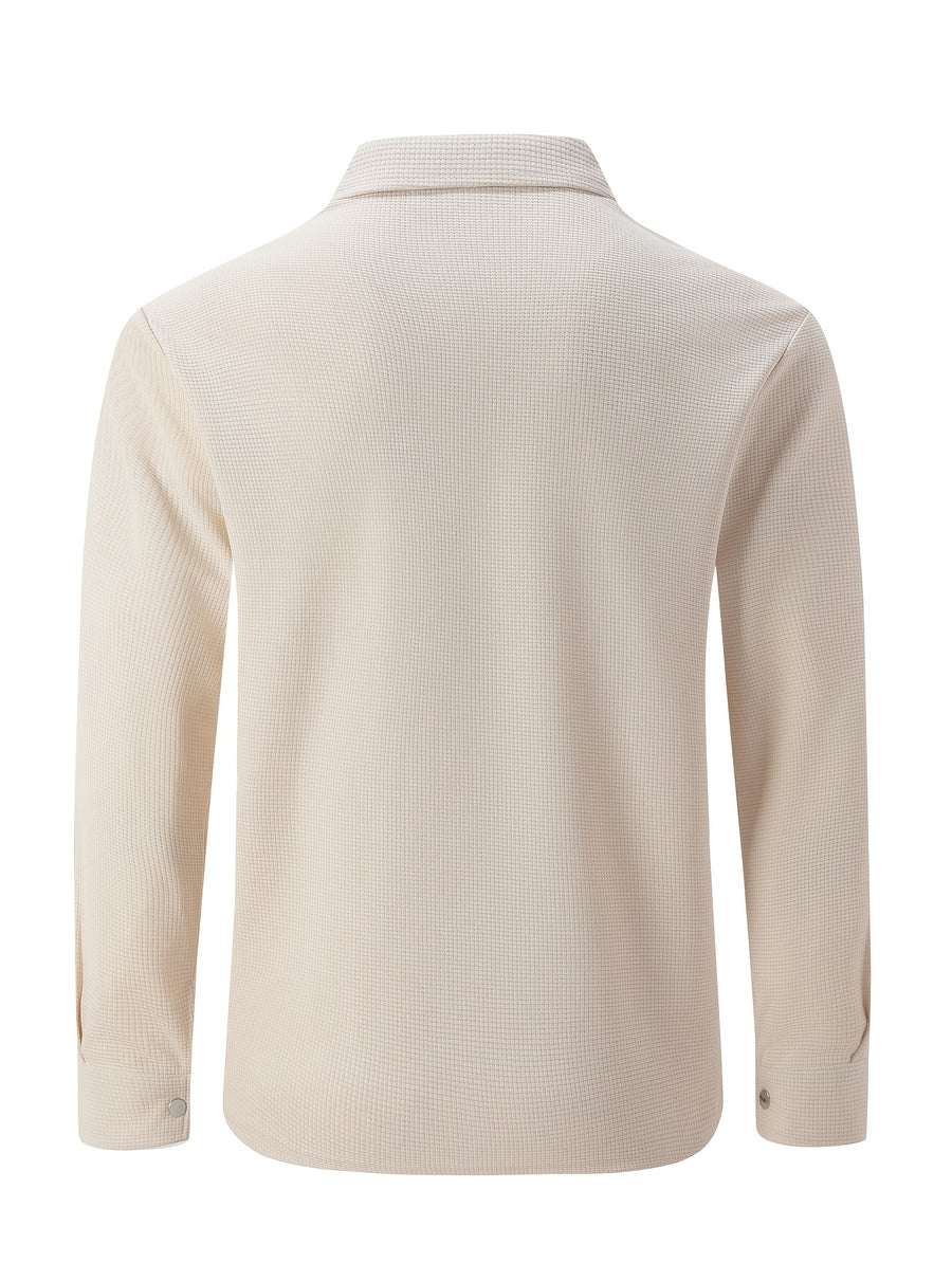 Mens Textured Waffle Shacket Collar Button Front Multi Pocket Long Sleeve Outerwear Top - Khaki