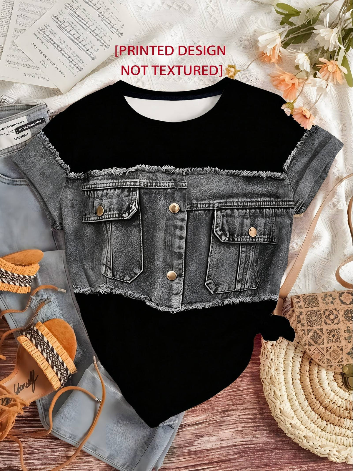 Printed Design - Plain Imitation Denim Frayed Edge Vest Print Black Short Sleeve T-Shirt for Women,  Patchwork Button Pocket Creative Pattern Crew Neck Top, Loose Fit Trendy Versatile Daily Casual Pullover Base Layer - Grey