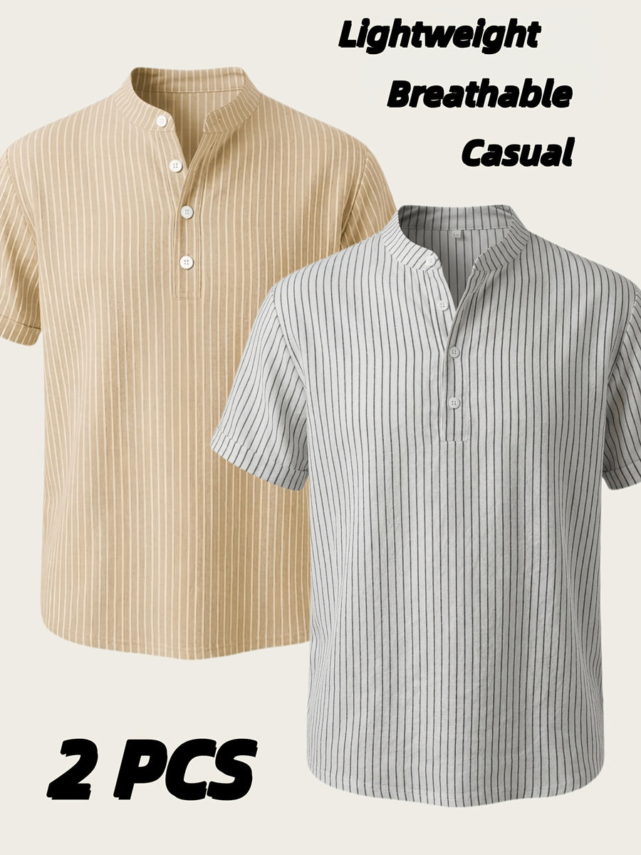 Josh Rose OBM 2pcs Men's Henley Shirts, Men's Summer Short Sleeve Regular Fit, Lightweight and Breathable, 95% Linen, Solid and Striped in Black and White, Features 4 Buttons, Suitable for Summer Daily Work, Casual, and Vacation Occasions - Khaki+White