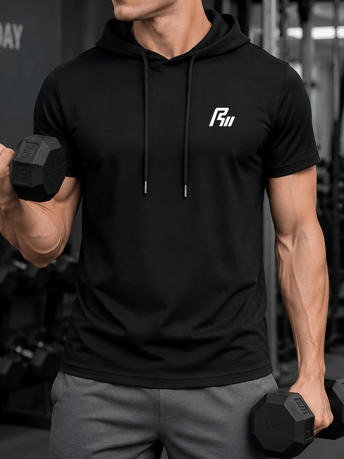 Men'S Summer T-Shirt, Easy Small Logo Print Men'S Hooded Short Sleeve, Soft Comfortable Breathable Versatile Fabric Sports T-Shirt, Loose Slimming Men'S Hoodie Easy Print Top - Black
