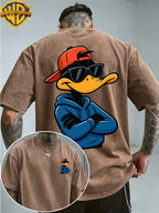 [Warner Bros] Official Authorization, Men'S Short Sleeve Le Yi Tong Da Fei Duck Sunglasses Printed Design, American Retro Washed Distressed T-Shirt, Outdoor Sports And Leisure Clothing, Daily Commuting, Machine Washable - Coffee Color