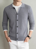 Men's Thick Knit Cardigan for Autumn & Winter, Classic Polo Collar, Solid & Striped Minimal Design, Old Money Style Warm Soft Sweater, Ideal Gift for Dad - Light Grey