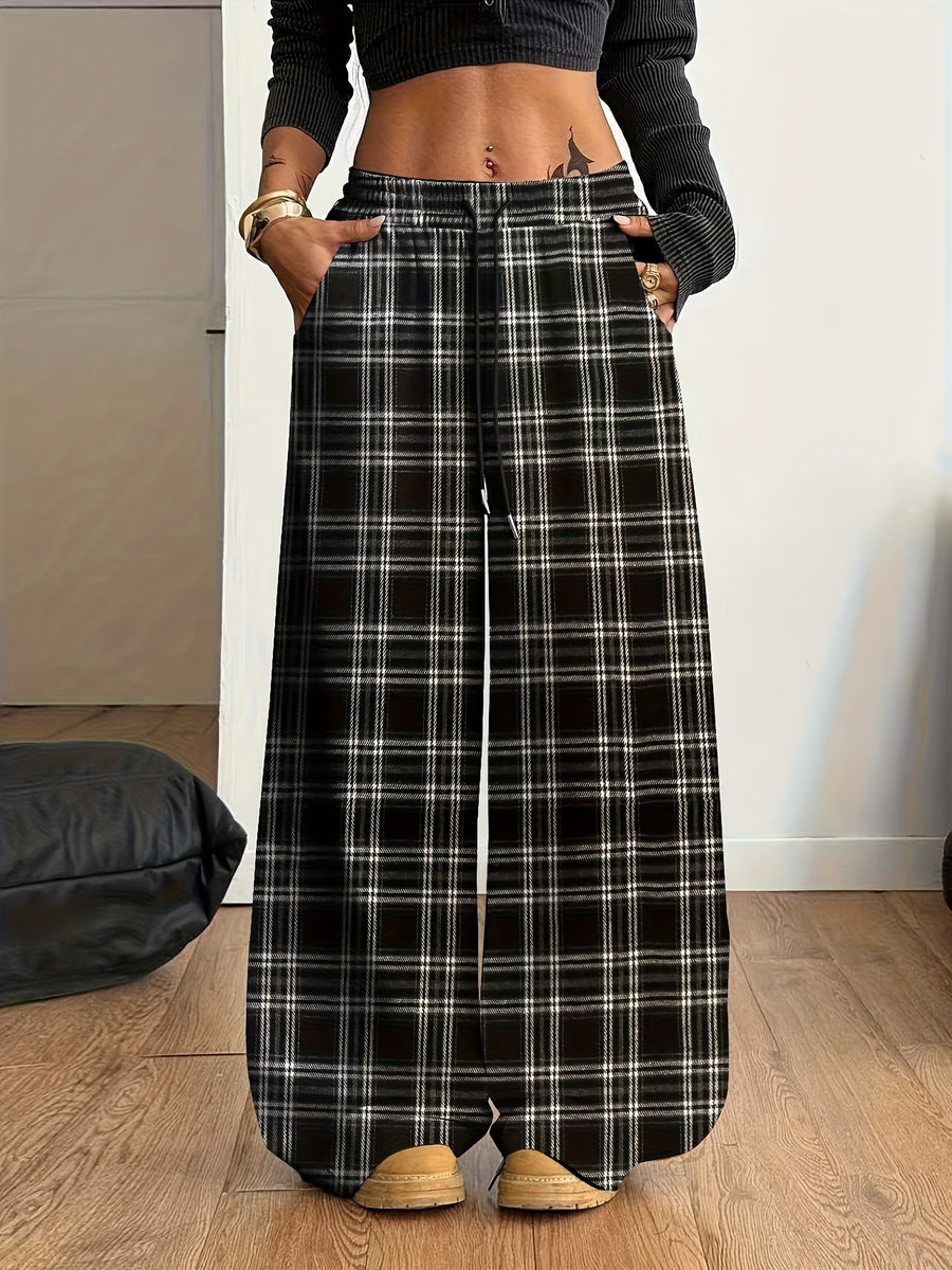Women'S Plaid Wide-Leg Pocket Drawstring Casual Fashion Fall Winter Trousers - Deep Grey