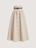 Solid High-Waist Metallic Buckle Skirt with Belt, Fall Winter Skirt, Back-To- Season, Autumn Wedding Guest Dress, Party, Old Money Style, Elegant, Office Workwear Women'S Dress, Brunch, Back-To, Business Casual Women'S Clothing - Apricot