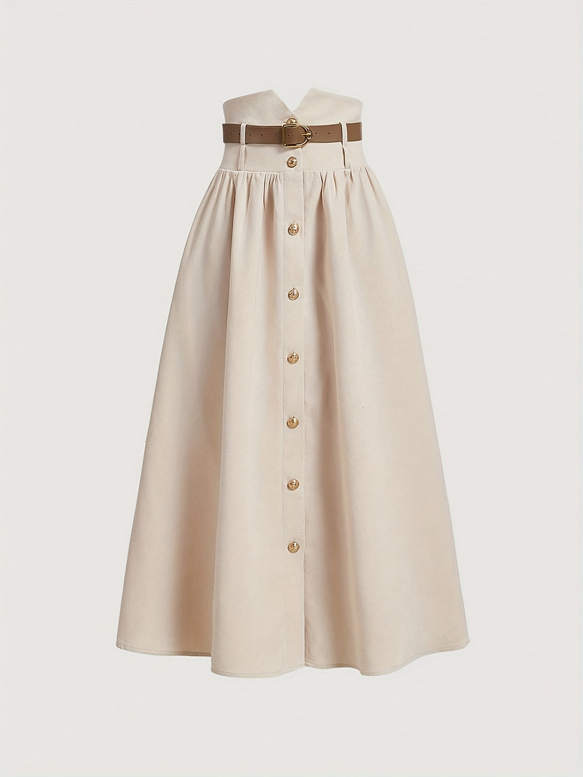 Solid High-Waist Metallic Buckle Skirt with Belt, Fall Winter Skirt, Back-To- Season, Autumn Wedding Guest Dress, Party, Old Money Style, Elegant, Office Workwear Women'S Dress, Brunch, Back-To, Business Casual Women'S Clothing - Apricot