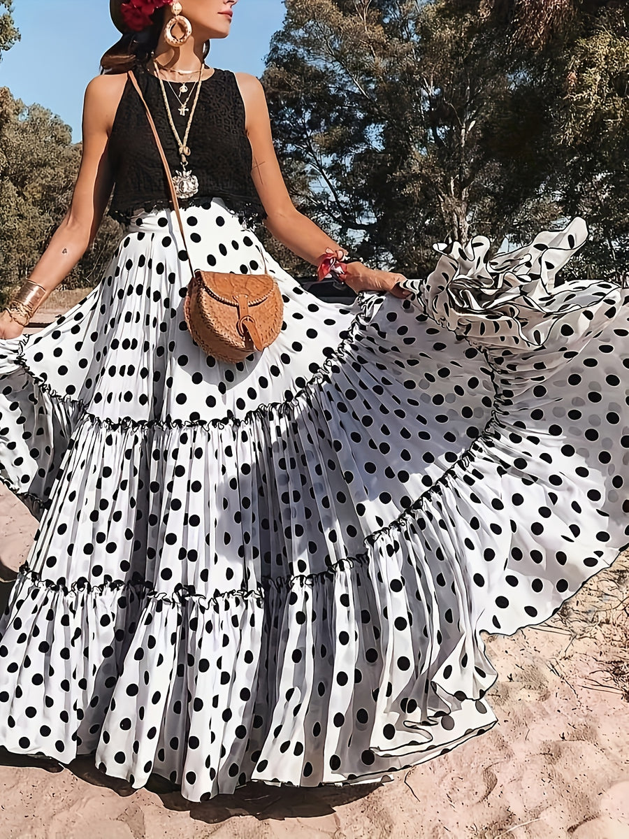 Women's Elegant Special Line High-Waisted Maxi Skirt with Dot Print & Pleated - Full-Length Loose -Line Skirt, Machine Washable for Weddings, Parties, - Year-Round Wear (Non-Stretch) - White