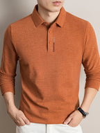 New Autumn 2026 Men's Long-Sleeve T-Shirt, Solid Color Lapel, Simple Daily Wear, Casual Polo Shirt - Pumpkin Orange