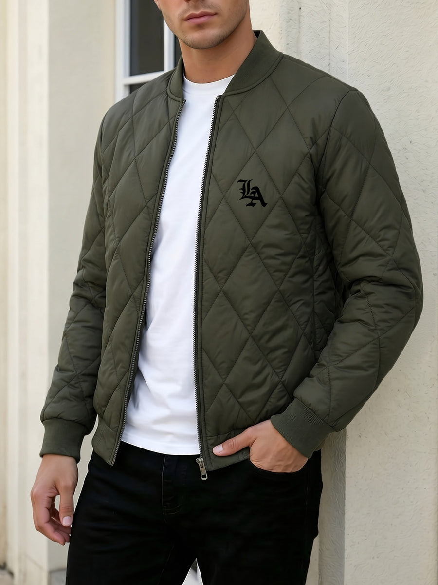 Autumn Winter New Fashion Trendy Black LA Pattern Outdoor Activity Casual Commute Leisure Baseball Collar Classic Style Men'S Non-Stretch All-Match Striped Jacket Coat - Army Green