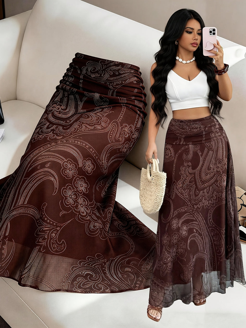 Women's Spring/Summer Printed Casual A-Line Skirt for Leisure and Vacation - Dark Red