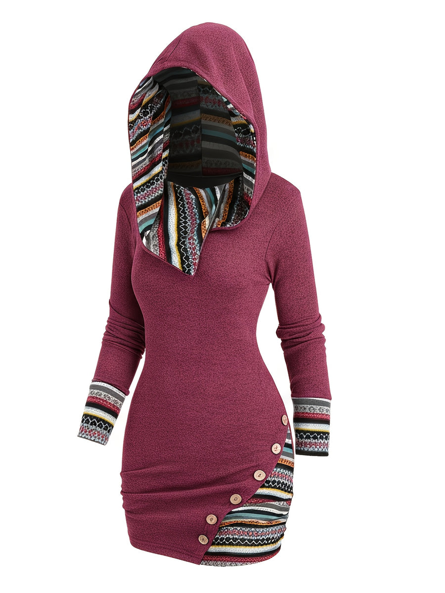 European And American Fashion Women'S Ethnic Style Geometric Striped Patchwork Hooded Long-Sleeve Fitted Dress - The color of rouge