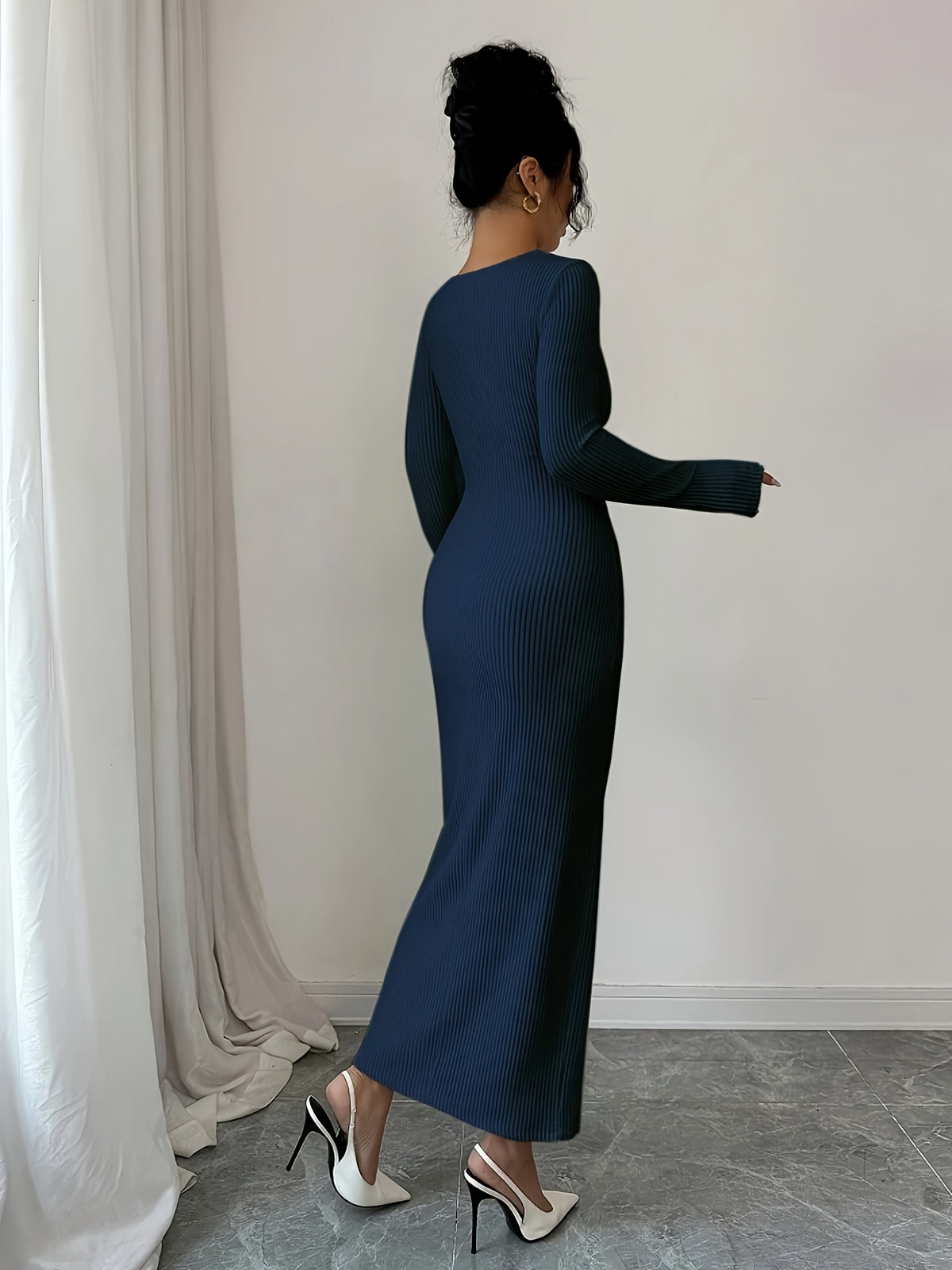 Elenzga Women'S Solid Color Long Sleeve Asymmetric Collar Bodycon Midi Dress | Elegant, Metal Decoration, Suitable For Spring/Summer/Fall - Blue