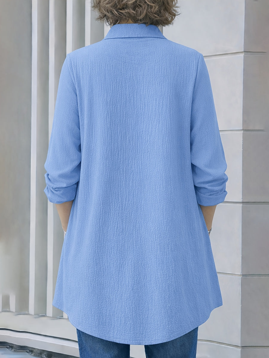 Women's Fashion Casual Shirt, Loose Fit Commuter Long Sleeve Top - Blue