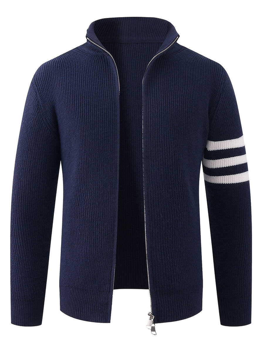 Autumn/Winter New Arrival Half-Turtleneck Striped Knit Cardigan Sweater for Men, Relaxed Style Pullover Jacket Top - Navy Color