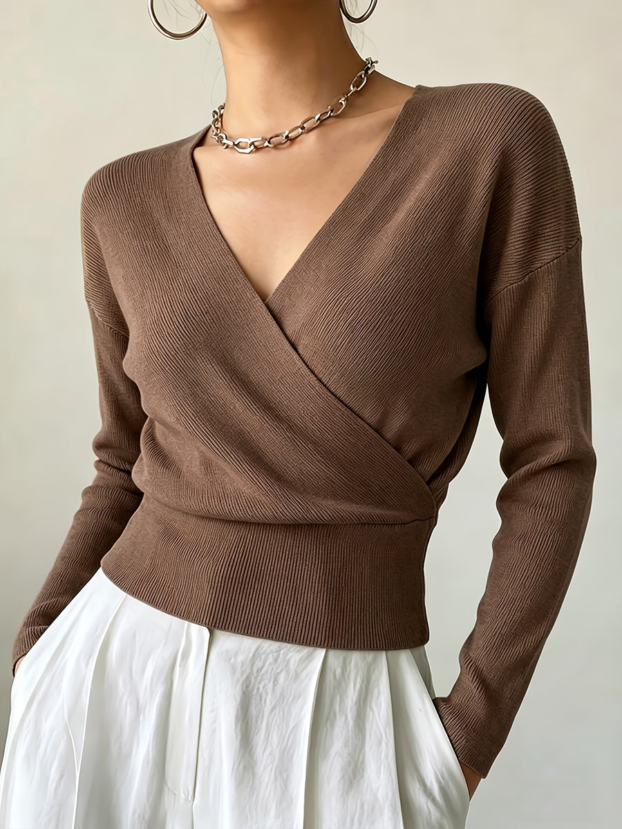 Women'S New Arrivals INS Autumn/Winter Cross-Collar Pullover, Elegant Versatile Loose Fit Machine Washable Long-Sleeve Knitwear - Coffee Color