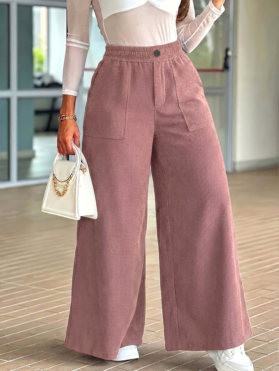 Women's Corduroy Fashion Casual Wide-Leg Pants with Multi Patch Pockets Design, Elegant Loose Straight-Leg Trousers with Nice Drape, High-Waisted Draping Wide-Leg Casual Pants - Pink