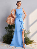 Women'S Round Neck High-Waist Slit Dress, Suitable for Dances, Parties, Formal Dinners, And Other Occasions, Wedding Bridesmaid Dresses, Birthday Parties, Graduation Ceremony Dresses - Light Blue