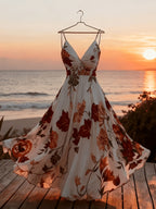 Women's New Summer Casual French-Style Romantic Floral Print Waist-Cinching A-Line Long Camisole Dress, Suitable for Beach, Cruise, City Break, Dating, Music Festival, and Other Occasions. Women's Camisole/Wrap/Front Chest Ruched Detail/Bust - Multicolor