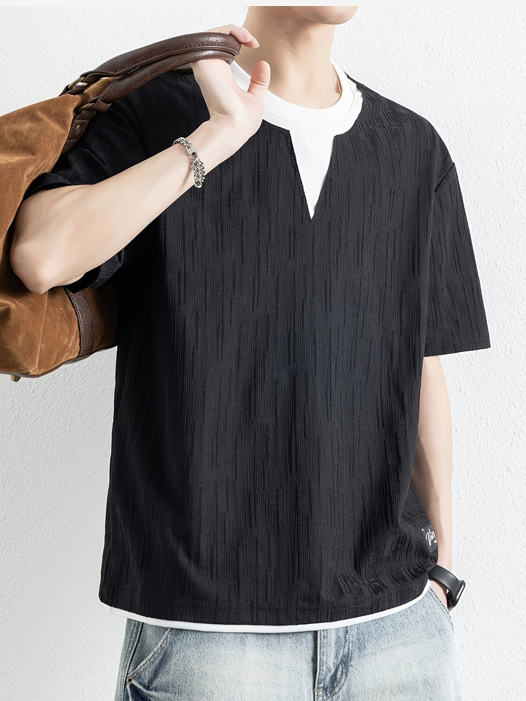 American Faux Two-Piece V-Neck Short Sleeve T-Shirt for Men, Spring Summer All-Match Trendy Couple Wear Loose Casual Short Sleeve Inner Layer, Casual Round Neck with Appropriate Neckline for Inner And Outer Wear - Black