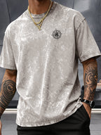 Short Sleeve Top, Washed Distressed Loose Round Neck T-Shirt, Double-Sided Compass And Needle Trendy Print, Casual Styling American Street High Street Hip-Hop Couple Style Daily Outing Commute Statement Sports Fitness All-Match Top - Apricot