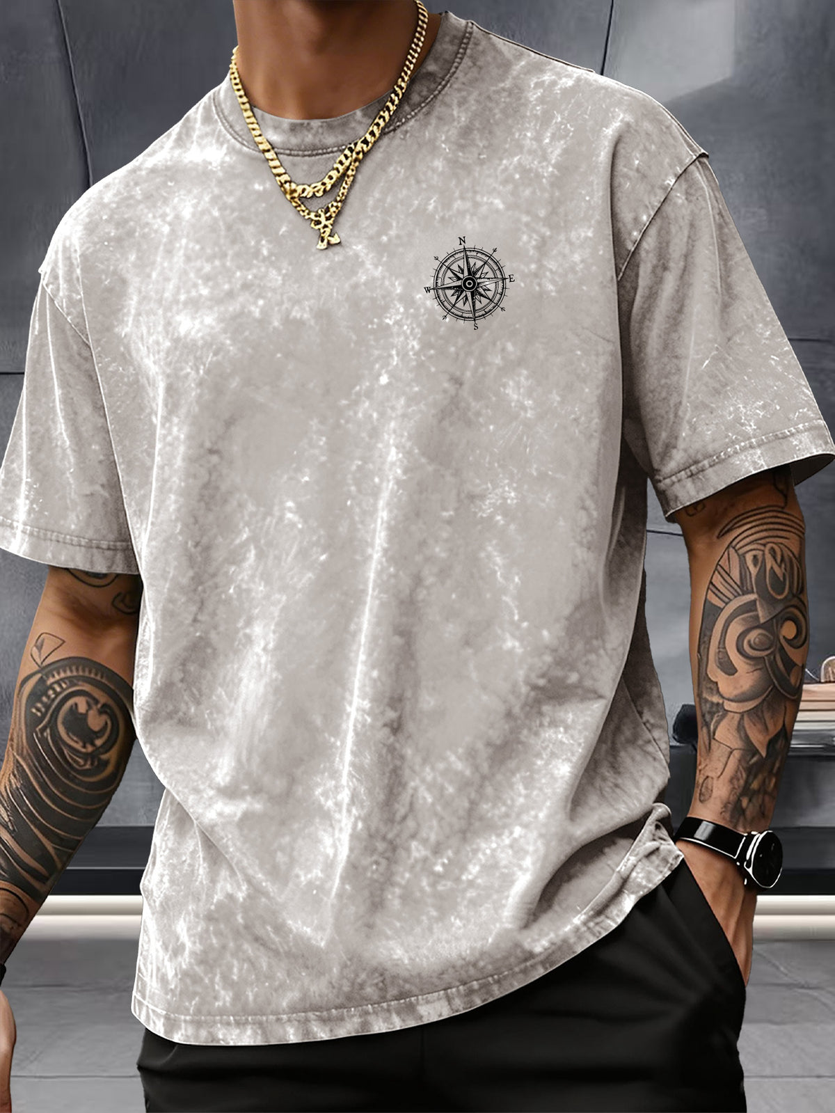 Short Sleeve Top, Washed Distressed Loose Round Neck T-Shirt, Double-Sided Compass And Needle Trendy Print, Casual Styling American Street High Street Hip-Hop Couple Style Daily Outing Commute Statement Sports Fitness All-Match Top - Apricot