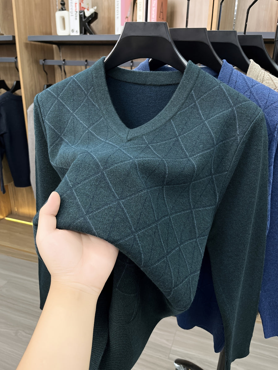 Men's V-neck Knitted Warm Casual Simple Autumn/Winter Thermal Sweater - Green