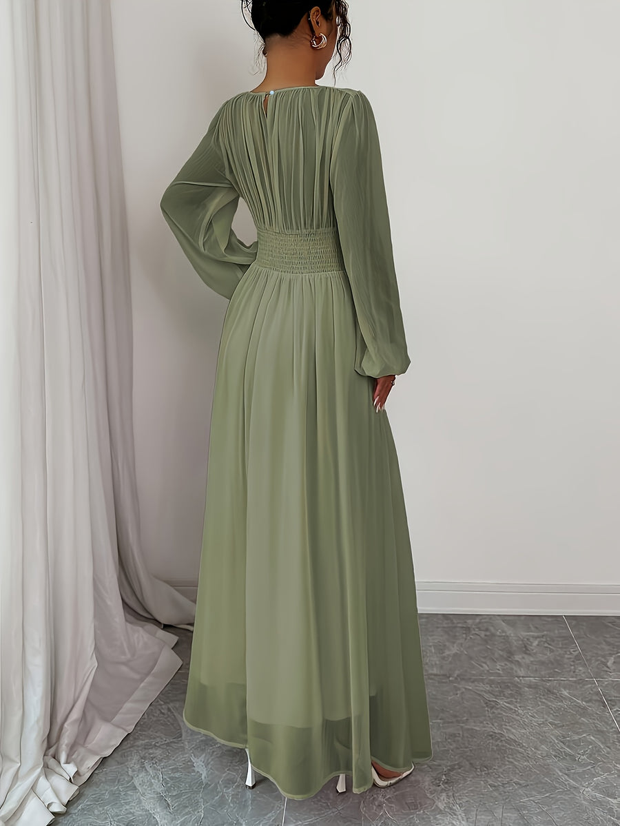 Women'S Elegant Temperament Casual Commute Vacation Round Neck Ruched Waist Tie-Belt A-Line Waist Long Sleeve Dress, Spring Autumn New - fern green