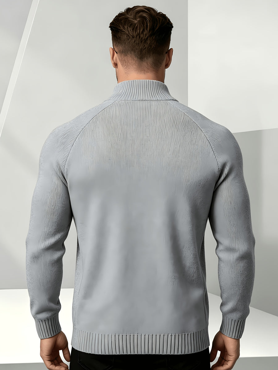 Business-casual Men's Half-zip Knit Pullover, Raglan Sleeve Textured Fabric with Ribbed Cuffs, Loose-fit Sweater, Suitable for Daily Wear, Office, and Weekend Outings in Autumn and Winter - Light Grey