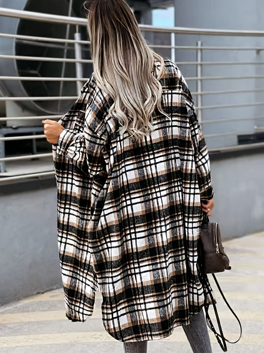 Plaid Print Long Length Jacket, Casual Button Front Flap Pockets Outwear, Women's Clothing - Black
